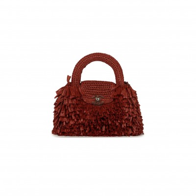 CHANEL MASTER SMALL FRINGE KELLY DARK RED RAFFIA WOOD AND LIGHT GOLD HARDWARE (20*13*6cm) 
